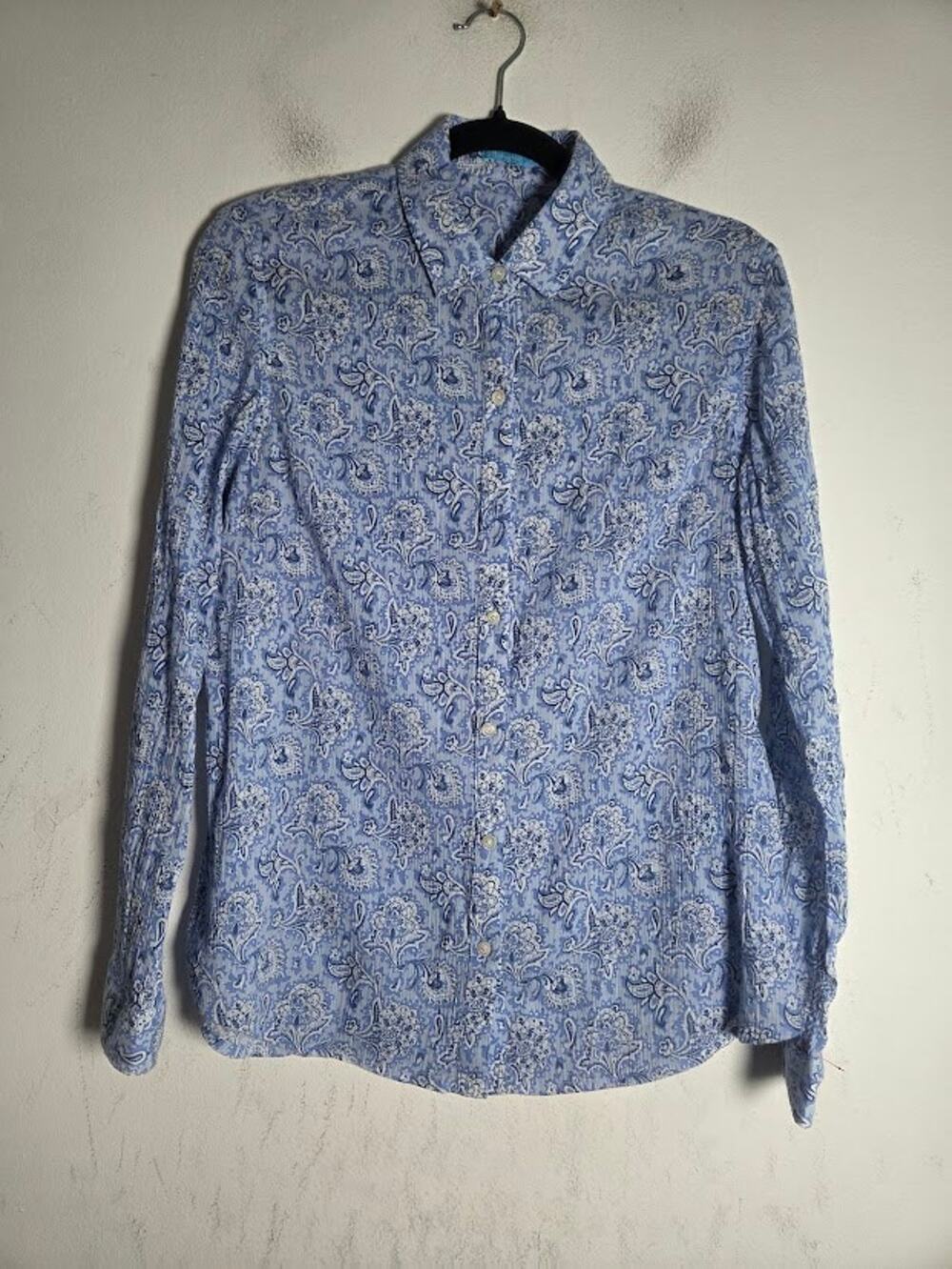 J. McLaughlin Blue White Floral Paisley Cotton Button Down Blouse size 4/Small